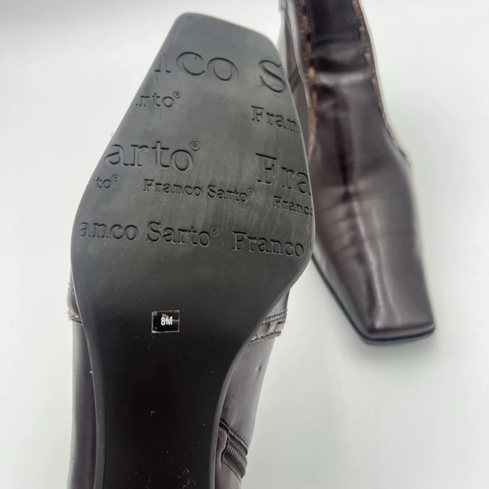 Franco Sarto Brown Leather Ankle Boots Block Heel Side Zip Women's 8M